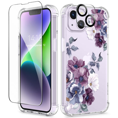 GVIEWIN for iPhone 14 Case Floral, Screen Protector & Camera Lens Protector