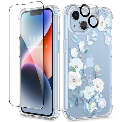 GVIEWIN for iPhone 14 Case Floral, Screen Protector & Camera Lens Protector