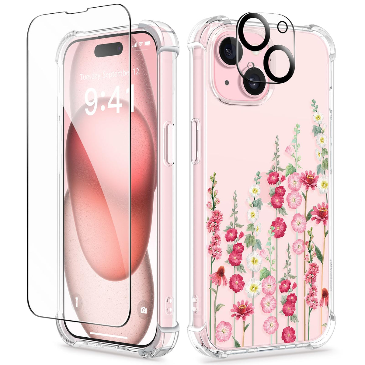 GVIEWIN for iPhone 14 Case Floral, Screen Protector & Camera Lens Protector