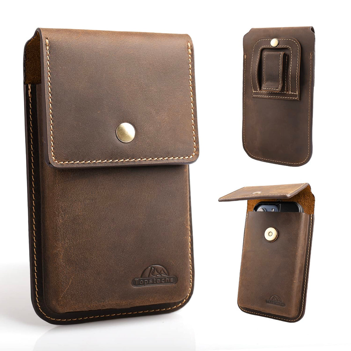 Topstache Leather Phone Holster for iPhone 17/16/15/14/13 Pro Max & Plus - Belt Clip Cell Phone Case for Galaxy S25/S24/S23 Ultra & Plus - Leather Belt Holder Pouch for Men, XL,Darkbrown