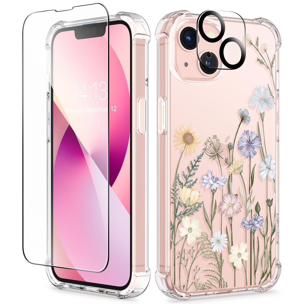 GVIEWIN for iPhone 14 Case Floral, Screen Protector & Camera Lens Protector