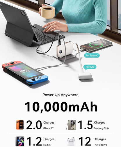 Portable Charger Power Bank 10000mAh, 45% Smaller Built-in Cables & AC Plug