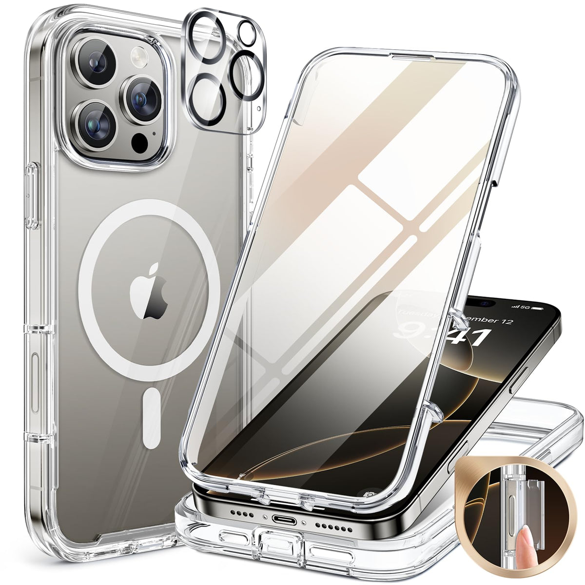 Miracase Magnetic for iPhone 15 Pro Max Case 6.7'' [Compatible with Magsafe] Full-Body Drop Proof Bumper Phone Case for iPhone 15 Pro Max with Built-in 9H Tempered Glass Screen Protector,Black