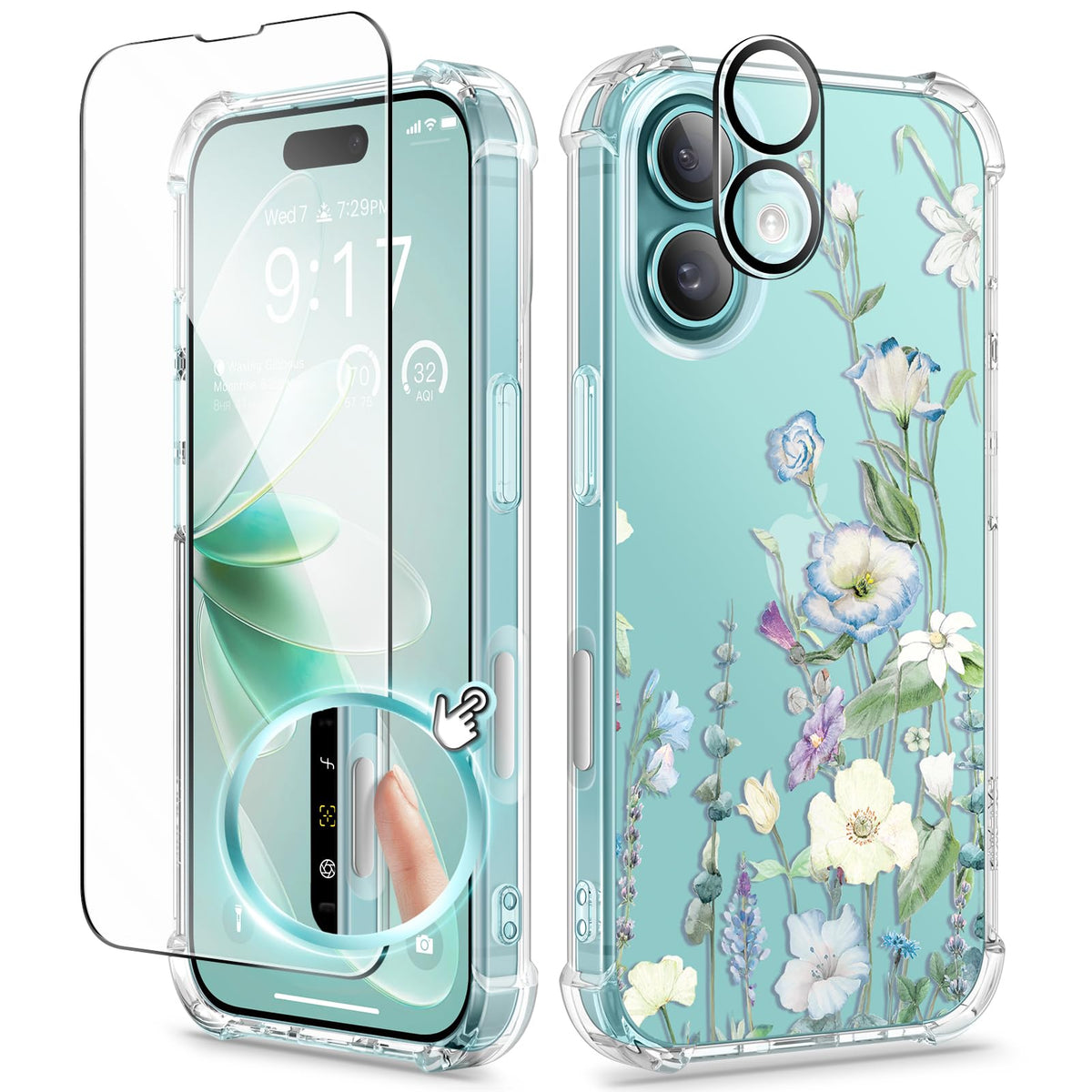 GVIEWIN for iPhone 14 Case Floral, Screen Protector & Camera Lens Protector