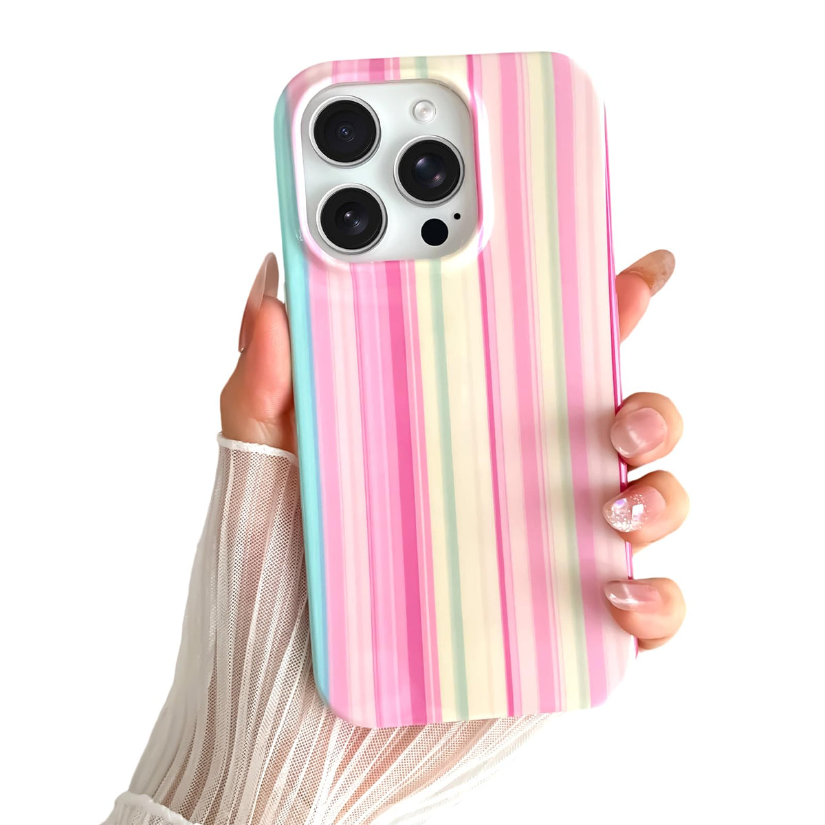 Yeddabox for iPhone 16 Pro Case Cute Striped Phone Case Soft TPU Slim Shockproof Phone Cover for Women Girls, Pink and Yellow