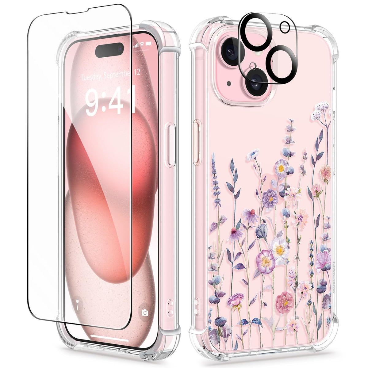 GVIEWIN for iPhone 14 Case Floral, Screen Protector & Camera Lens Protector
