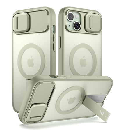 SURITCH for iPhone 15 Case, Compatible with MagSafe, Built-in Kickstand & Camera Cover & Translucent Back, Shockproof Rugged Protective Phone Cover 6.1 Inch, Black