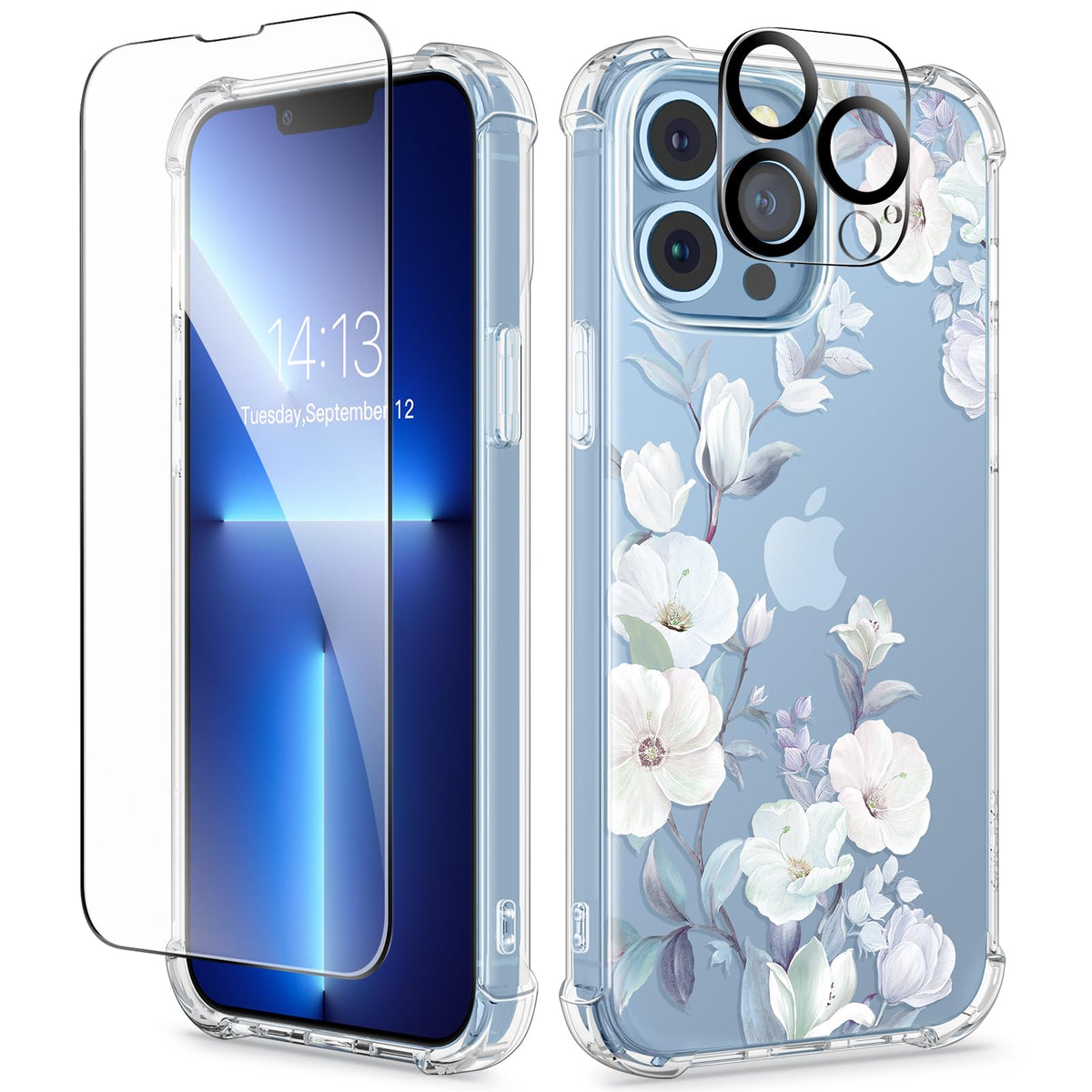 GVIEWIN for iPhone 14 Case Floral, Screen Protector & Camera Lens Protector