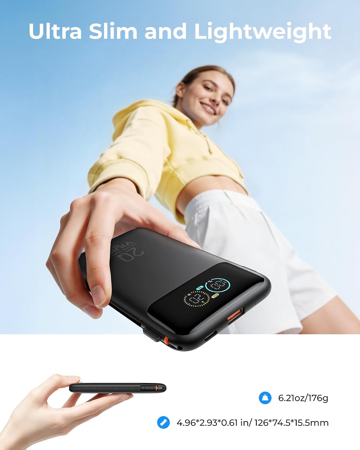 VIYISI Small Power Bank Portable Charger Slim 10000mAh Built-in Cables 20W
