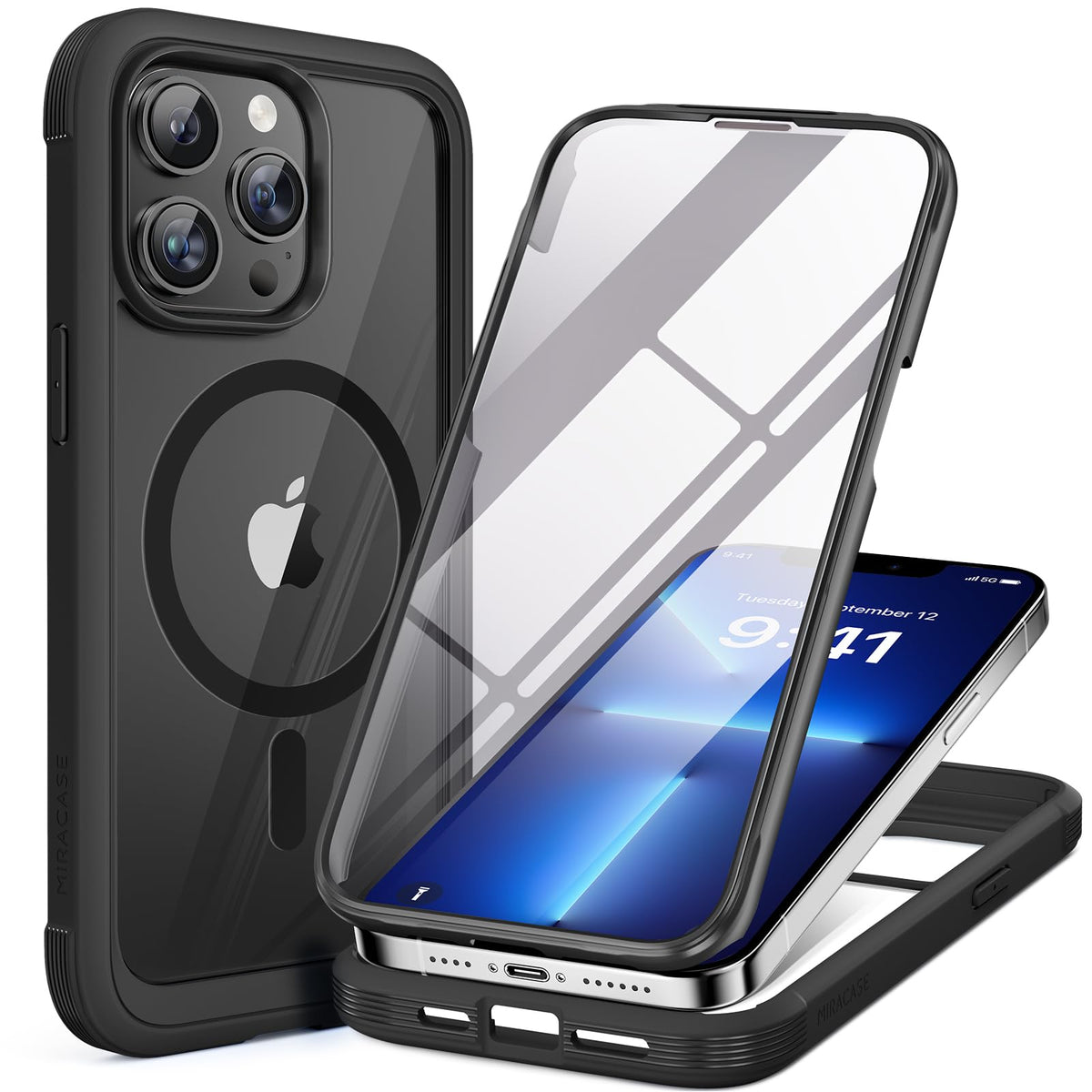 Miracase Magnetic for iPhone 15 Pro Max Case 6.7'' [Compatible with Magsafe] Full-Body Drop Proof Bumper Phone Case for iPhone 15 Pro Max with Built-in 9H Tempered Glass Screen Protector,Black