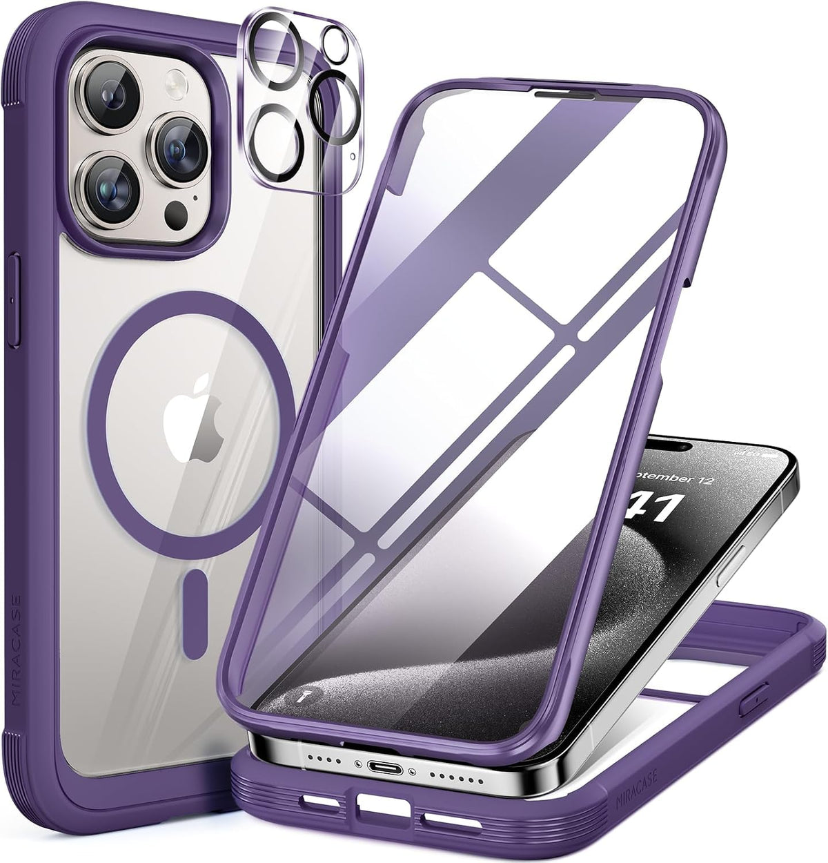 Miracase Magnetic for iPhone 15 Pro Max Case 6.7'' [Compatible with Magsafe] Full-Body Drop Proof Bumper Phone Case for iPhone 15 Pro Max with Built-in 9H Tempered Glass Screen Protector,Black