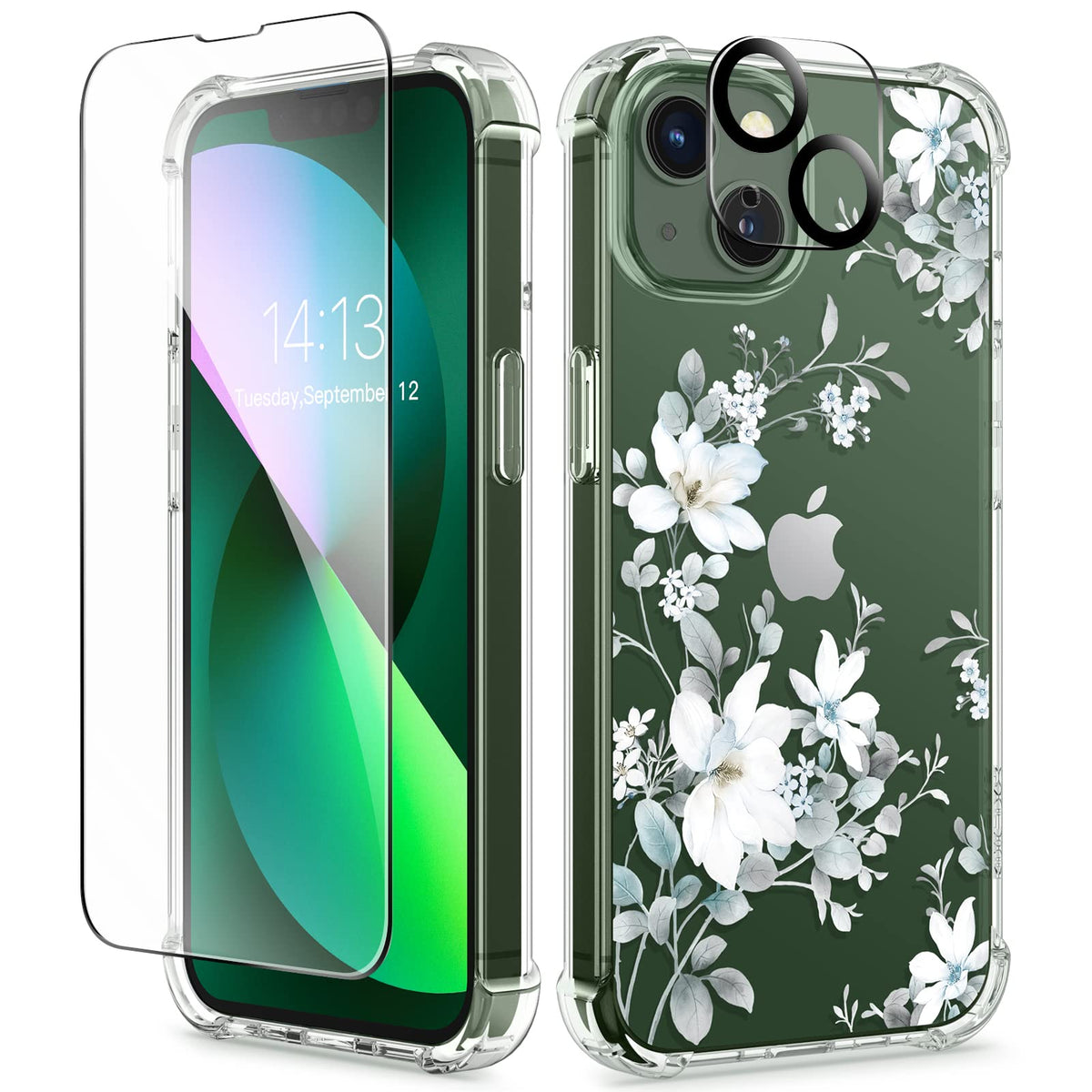 GVIEWIN for iPhone 14 Case Floral, Screen Protector & Camera Lens Protector