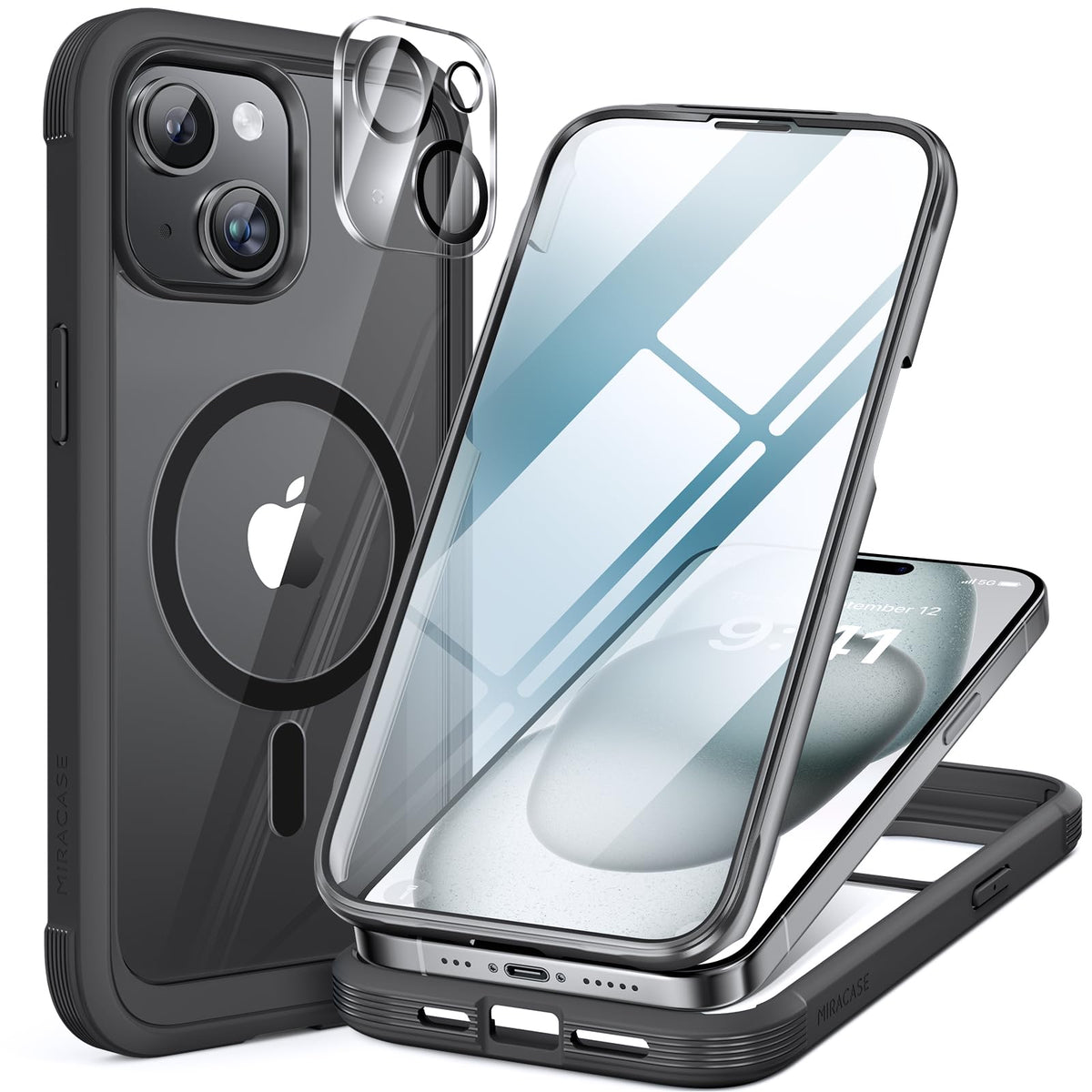 Miracase Magnetic for iPhone 15 Pro Max Case 6.7'' [Compatible with Magsafe] Full-Body Drop Proof Bumper Phone Case for iPhone 15 Pro Max with Built-in 9H Tempered Glass Screen Protector,Black