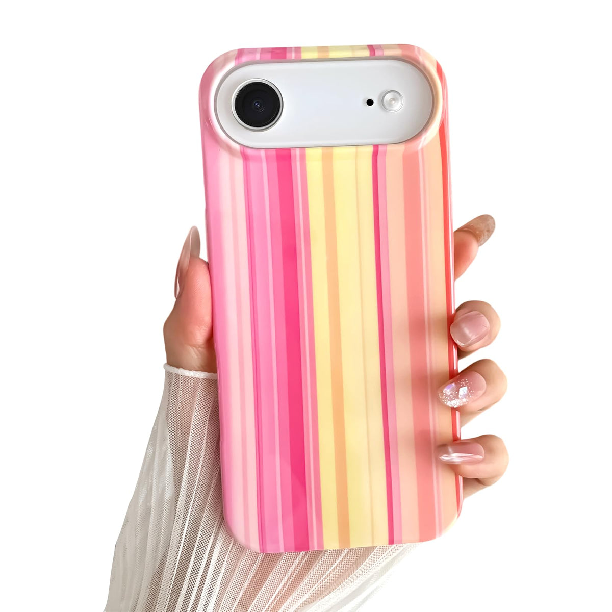 Yeddabox for iPhone 16 Pro Case Cute Striped Phone Case Soft TPU Slim Shockproof Phone Cover for Women Girls, Pink and Yellow