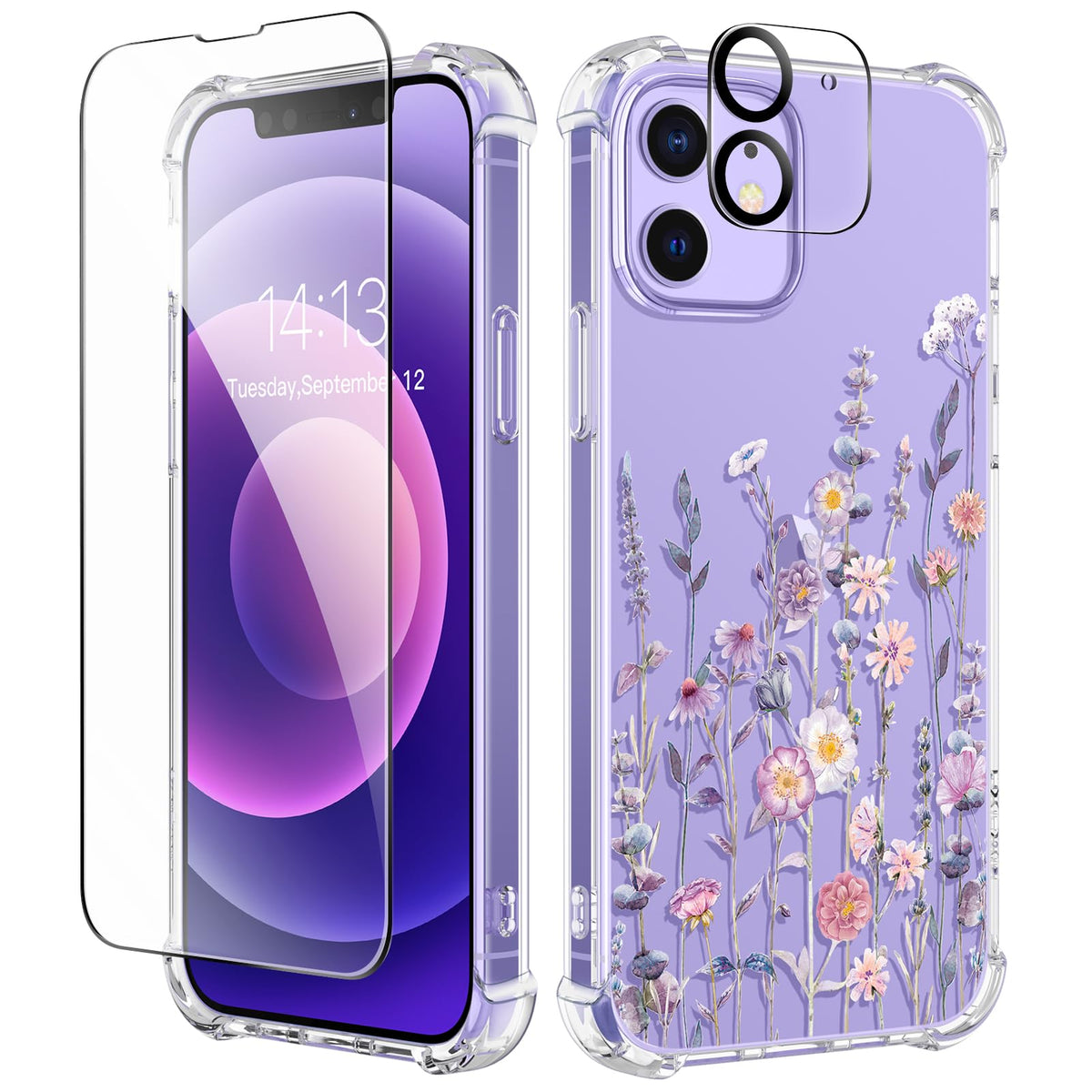 GVIEWIN for iPhone 14 Case Floral, Screen Protector & Camera Lens Protector