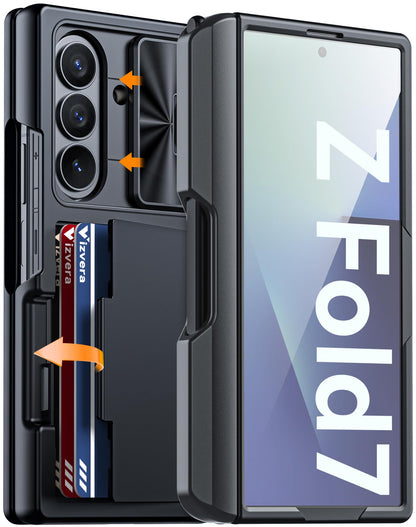 Vizvera for Samsung Galaxy Z Fold 7 Case RFID Wallet with Cards Holder [Hinge Cover] [Camera Cover] Shockproof Silicone Protective Phone Case for Z Fold 7 2025-Black