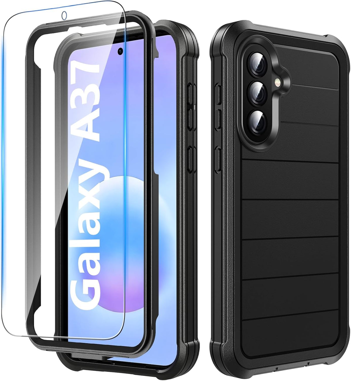 Hensinple for Samsung Galaxy A37 5G Phone Case with Screen Protector, Heavy Duty Military Shockproof Full Body Durable TPU Protective Cover Case for Samsung A37 5G (Black)