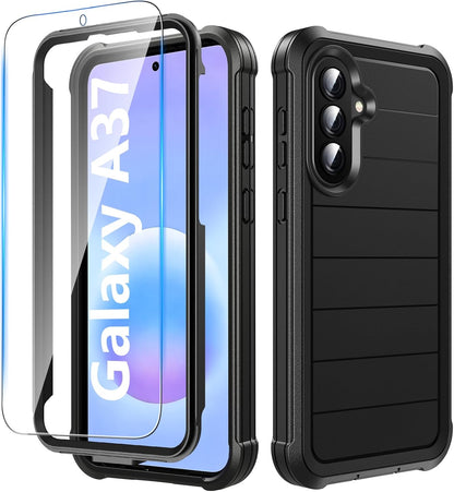 Hensinple for Samsung Galaxy A37 5G Phone Case with Screen Protector, Heavy Duty Military Shockproof Full Body Durable TPU Protective Cover Case for Samsung A37 5G (Black)