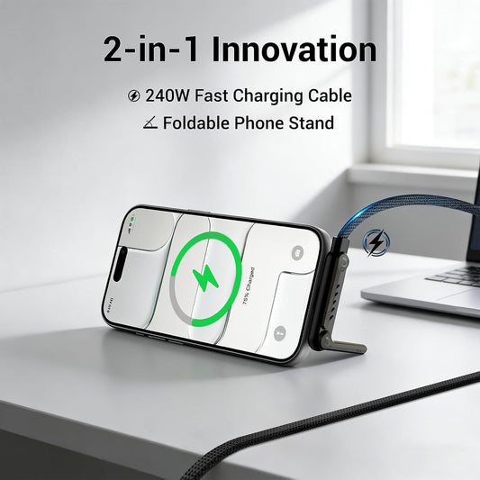 2-in-1 Invisible Stand Fast Charging Cable 240W Type-C Braided Fast Charging Cable Built-in Phone Stand 2 in 1 Phone Holder Cable for Suitable for Gaming Office and Travel Black 2Pack