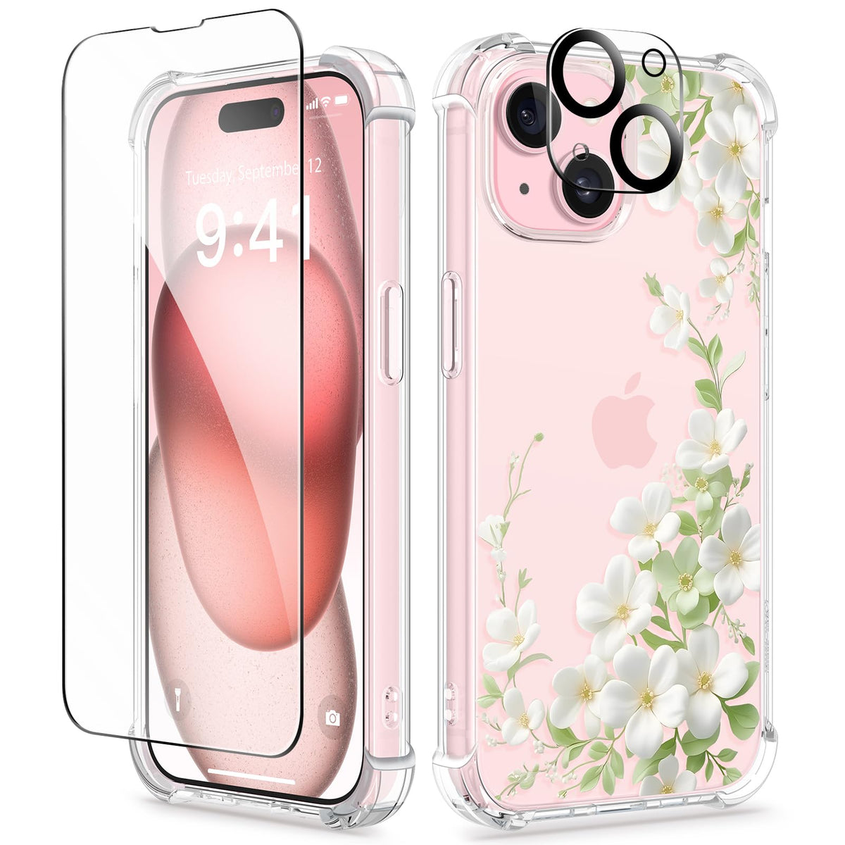 GVIEWIN for iPhone 14 Case Floral, Screen Protector & Camera Lens Protector