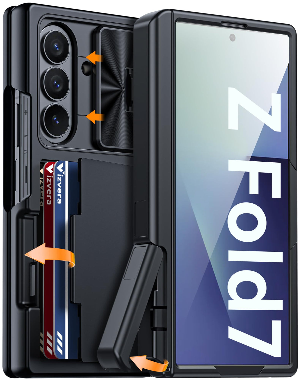 Vizvera for Samsung Galaxy Z Fold 7 Case RFID Wallet with Cards Holder [Hinge Cover] [Camera Cover] Shockproof Silicone Protective Phone Case for Z Fold 7 2025-Black