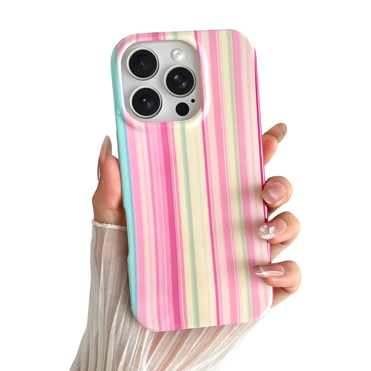 Yeddabox for iPhone 16 Pro Case Cute Striped Phone Case Soft TPU Slim Shockproof Phone Cover for Women Girls, Pink and Yellow