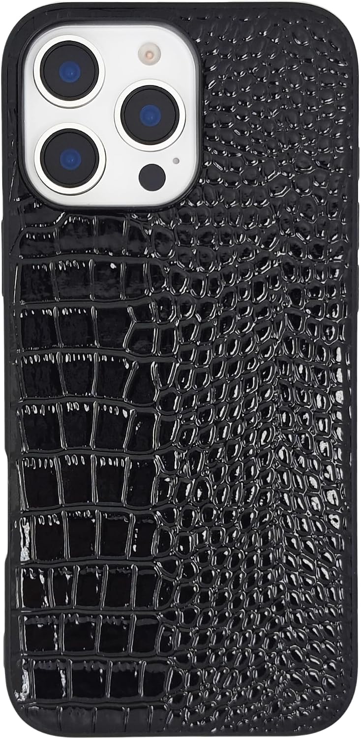 Compatible with iPhone 16 Pro Max Case for Women, Crocodile Synthetic Patent Leather Cover, Classic Fashion for iPhone16 Pro Max 2024 6.9 Inch - Black