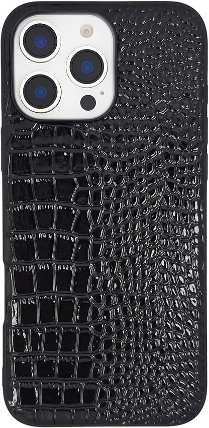 Compatible with iPhone 16 Pro Max Case for Women, Crocodile Synthetic Patent Leather Cover, Classic Fashion for iPhone16 Pro Max 2024 6.9 Inch - Black