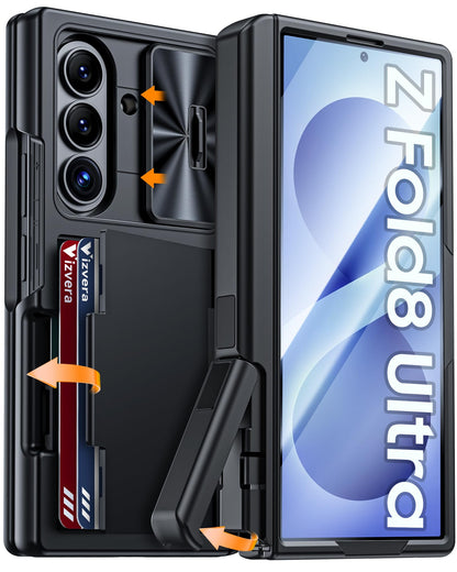 Vizvera for Samsung Galaxy Z Fold 7 Case RFID Wallet with Cards Holder [Hinge Cover] [Camera Cover] Shockproof Silicone Protective Phone Case for Z Fold 7 2025-Black
