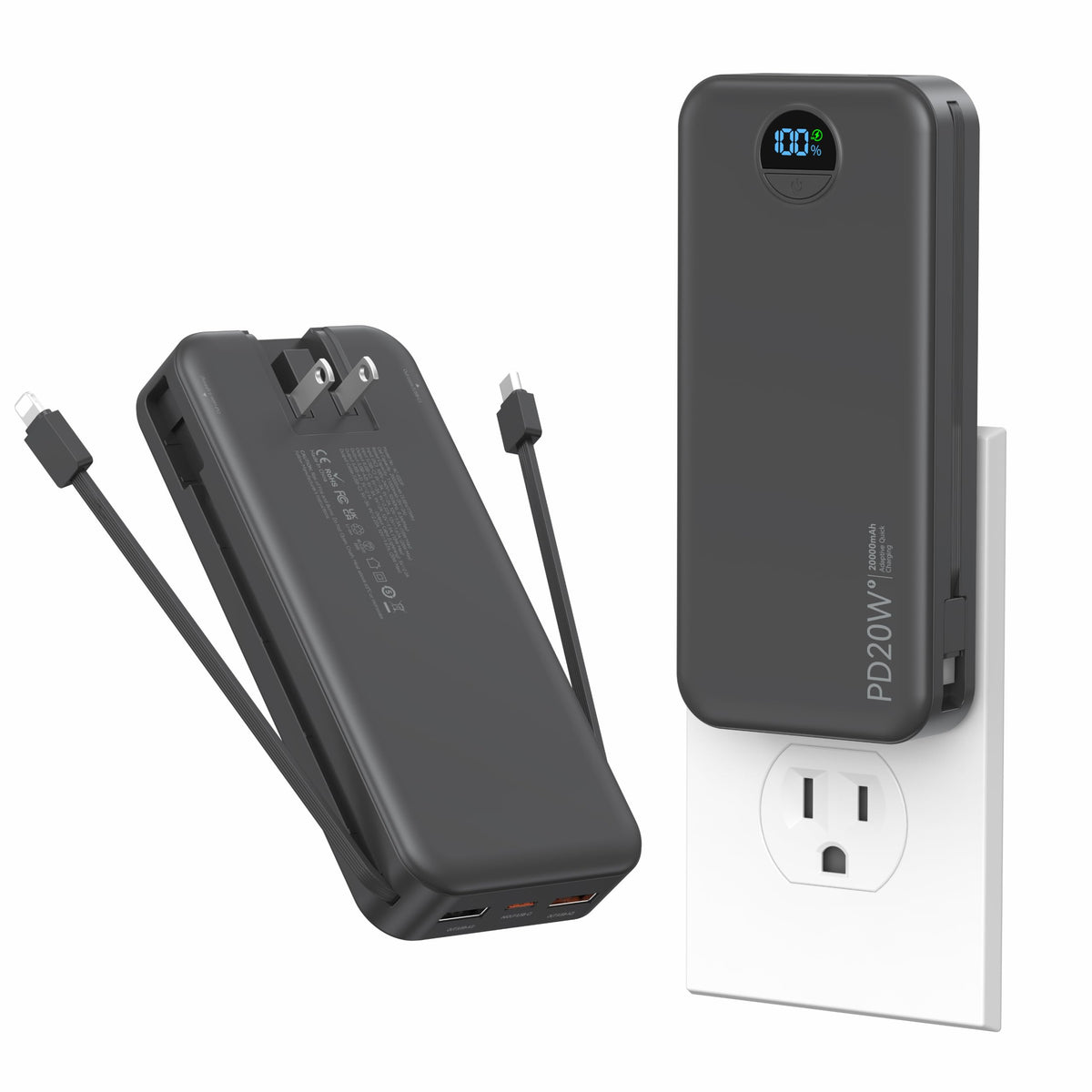 Ffnpua Portable Charger Power Bank 20000mAh PD20W w/Built-in Cables