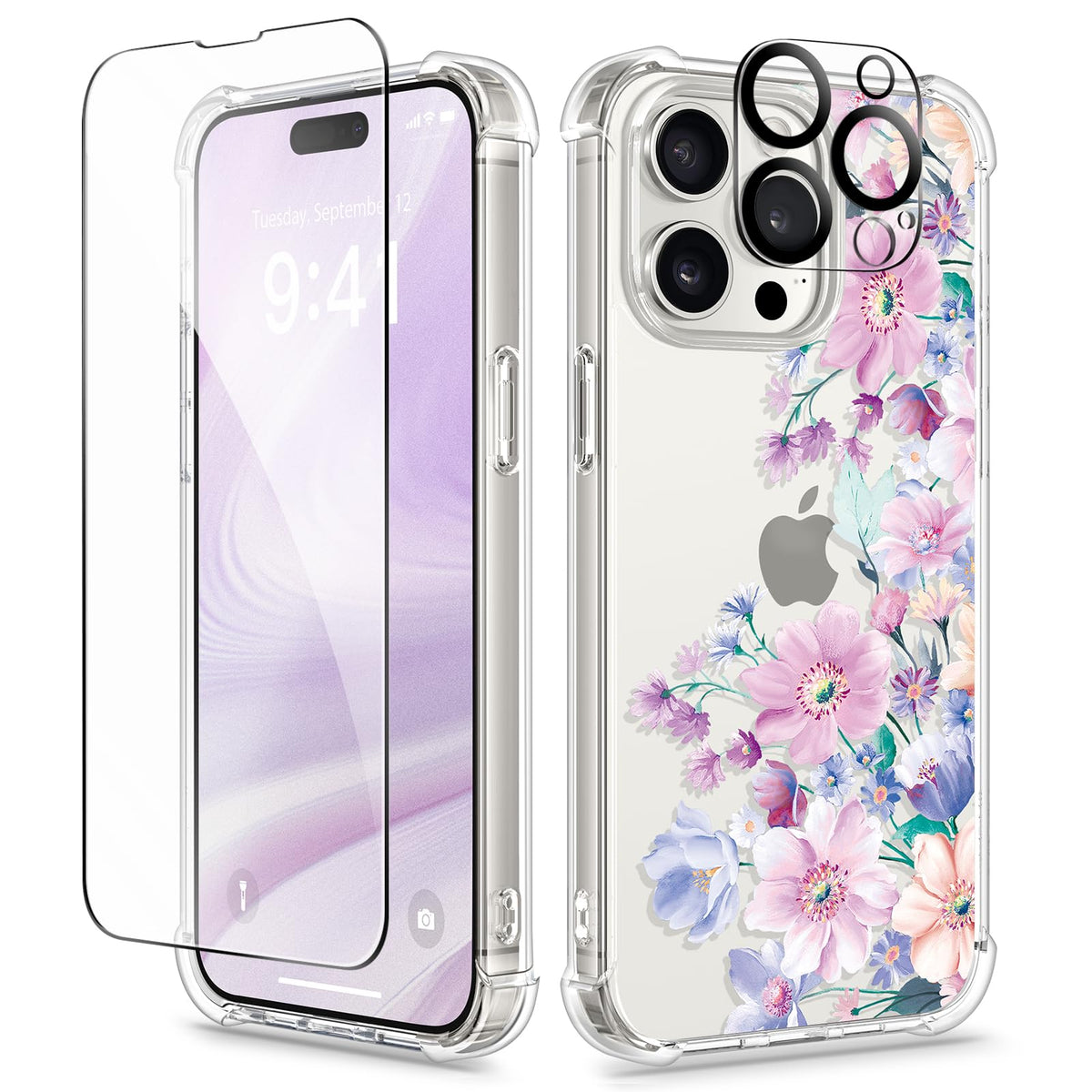 GVIEWIN for iPhone 14 Case Floral, Screen Protector & Camera Lens Protector