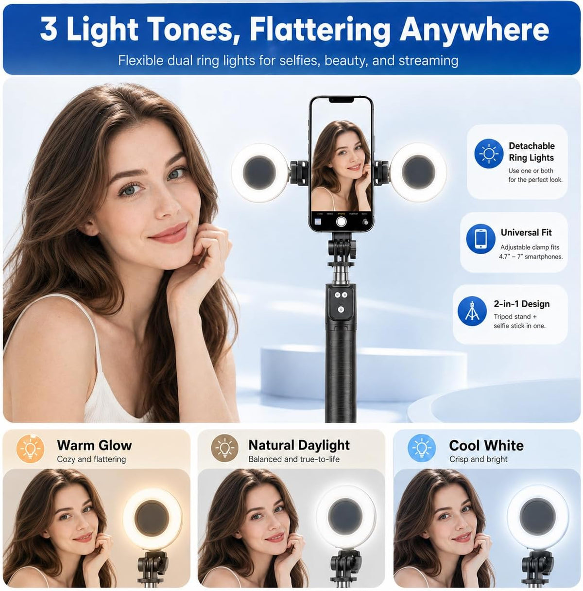 Black Tripod for iPhone with Light, Ring Light Holder for iPhone, Adjustable Selfie Stick Stand with Fill Light, Extendable Phone Tripod for Video Recording, Live Streaming, and Photography