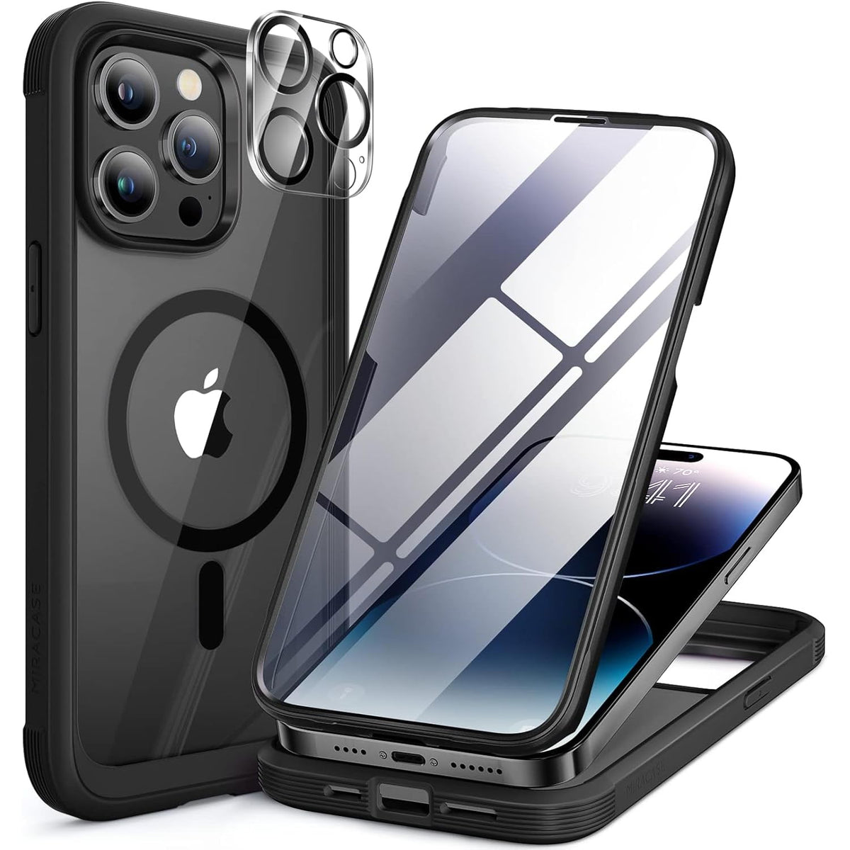 Miracase Magnetic for iPhone 15 Pro Max Case 6.7'' [Compatible with Magsafe] Full-Body Drop Proof Bumper Phone Case for iPhone 15 Pro Max with Built-in 9H Tempered Glass Screen Protector,Black