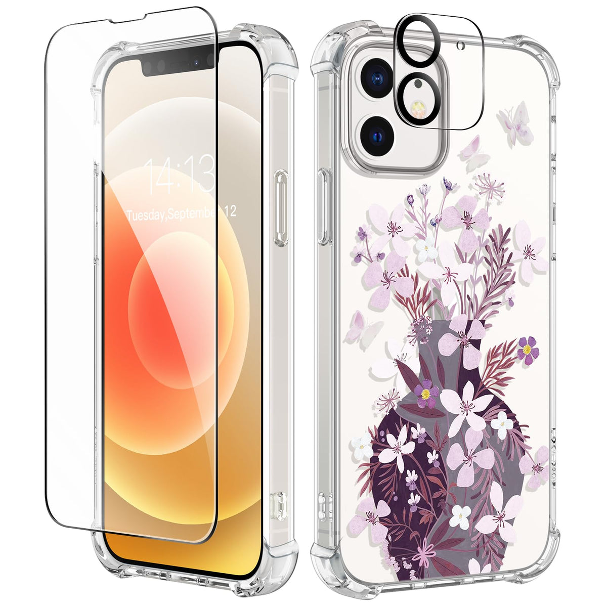 GVIEWIN for iPhone 14 Case Floral, Screen Protector & Camera Lens Protector