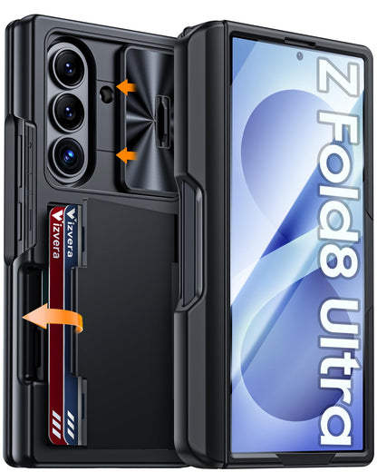 Vizvera for Samsung Galaxy Z Fold 7 Case RFID Wallet with Cards Holder [Hinge Cover] [Camera Cover] Shockproof Silicone Protective Phone Case for Z Fold 7 2025-Black