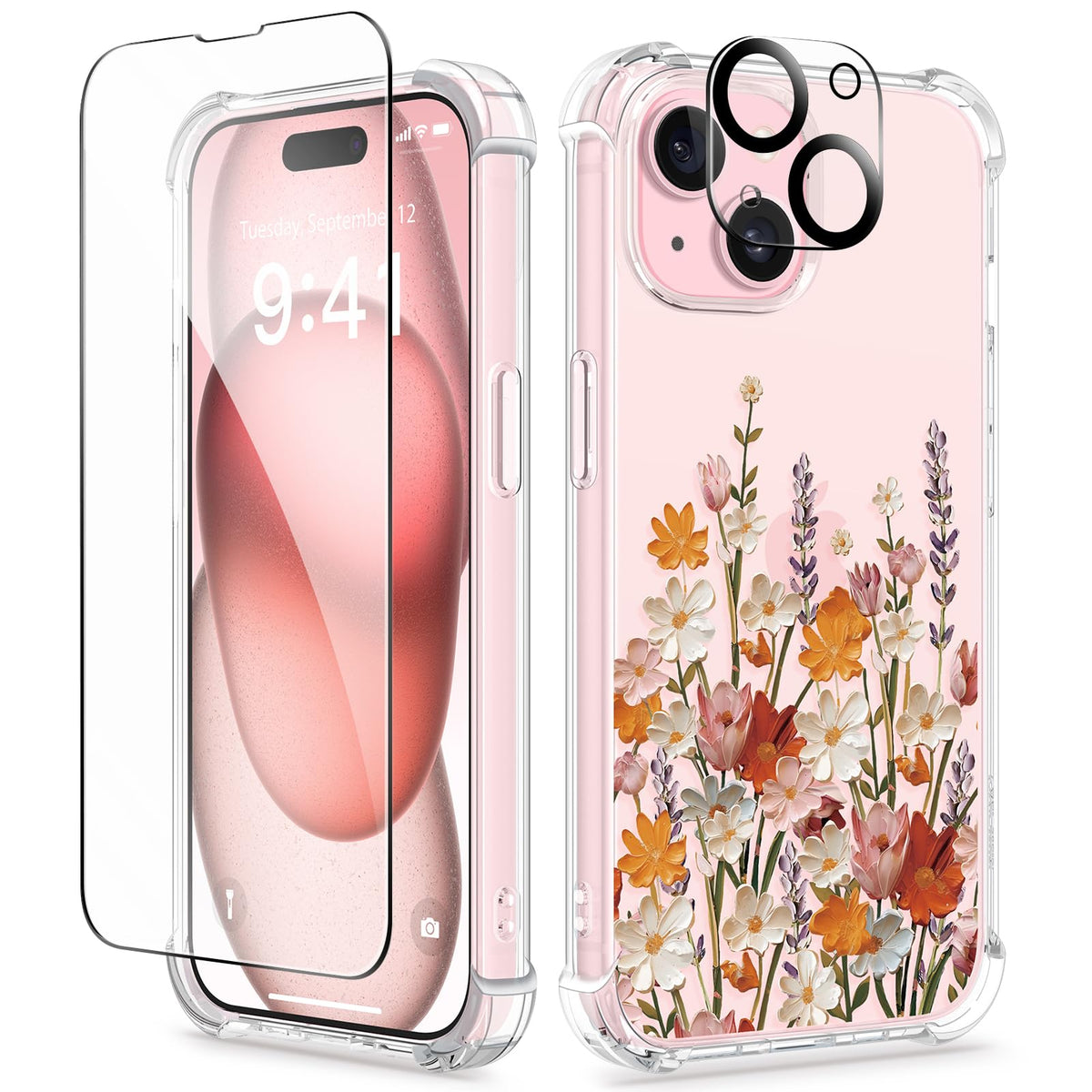 GVIEWIN for iPhone 14 Case Floral, Screen Protector & Camera Lens Protector