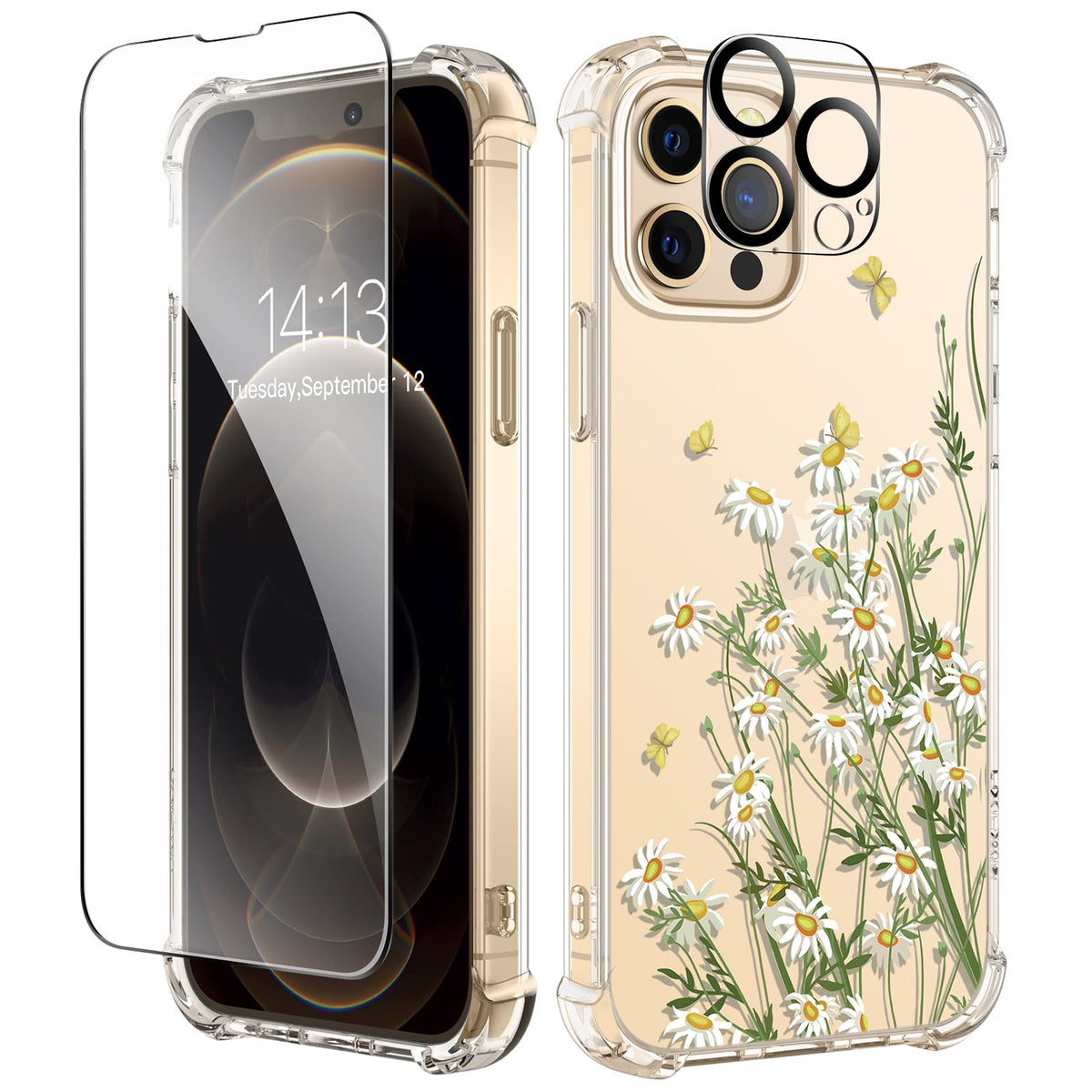 GVIEWIN for iPhone 14 Case Floral, Screen Protector & Camera Lens Protector