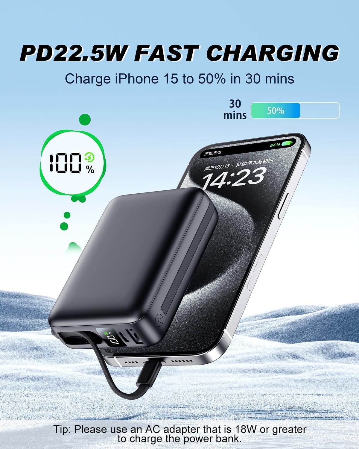 Portable Charger 50000mAh, PD22.5W Fast Charge Power Bank Built-in 2 Cables