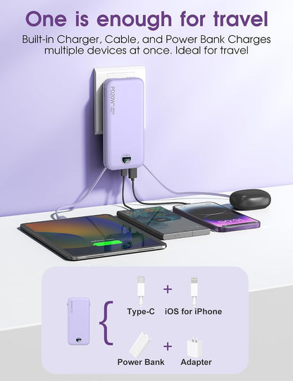 citicr Portable Charger 10000mAh PD20W w/Built-in Cables & Wall Plug Purple