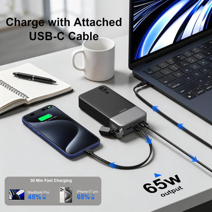 JUOVI Power Bank 65W 20000mAh Laptop Portable Charger with Detachable Cable