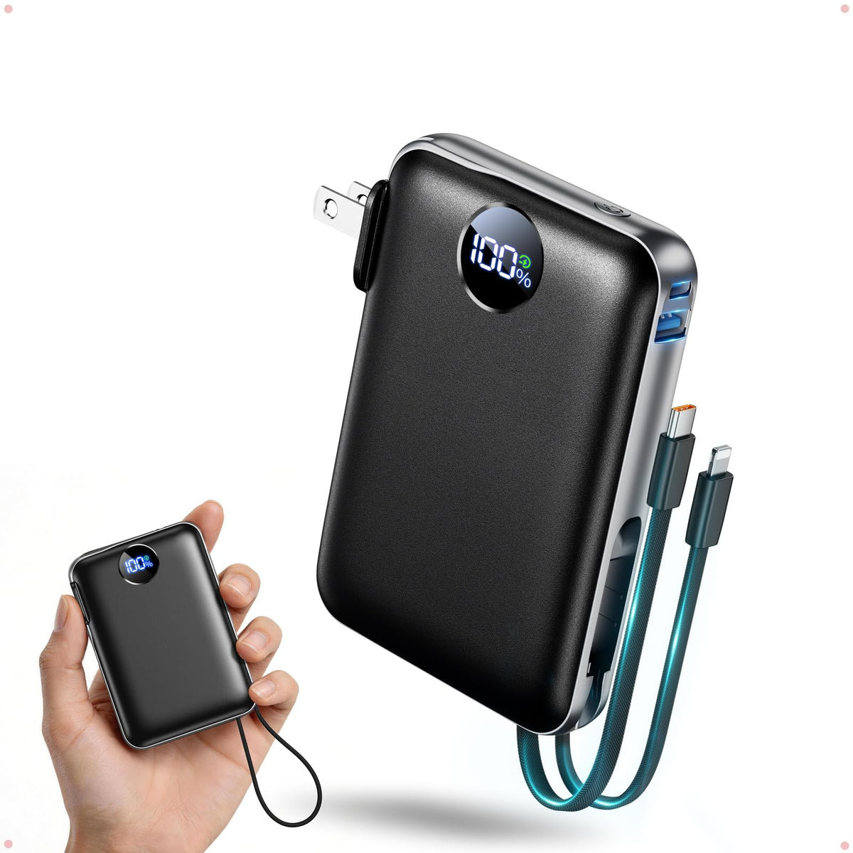 Portable Charger Power Bank 10000mAh, 45% Smaller Built-in Cables & AC Plug