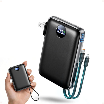 Portable Charger Power Bank 10000mAh, 45% Smaller Built-in Cables & AC Plug