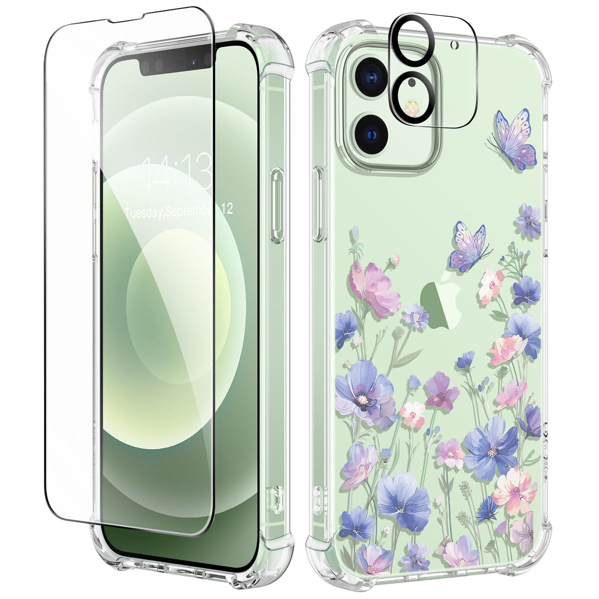 GVIEWIN for iPhone 14 Case Floral, Screen Protector & Camera Lens Protector