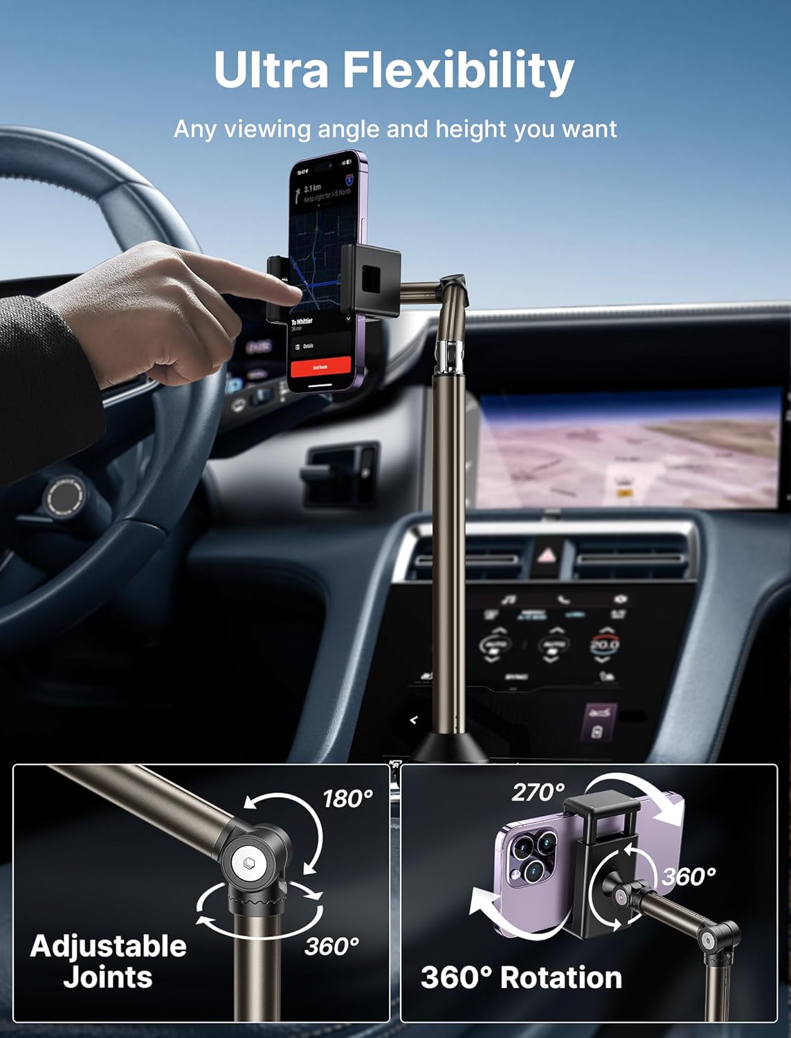 JSAUX Car Cup Holder Phone Mount, Metal Long Arm, Adjustable Base