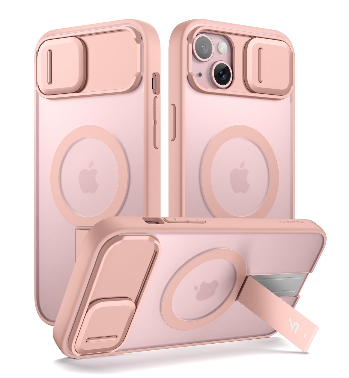 SURITCH for iPhone 15 Case, Compatible with MagSafe, Built-in Kickstand & Camera Cover & Translucent Back, Shockproof Rugged Protective Phone Cover 6.1 Inch, Black
