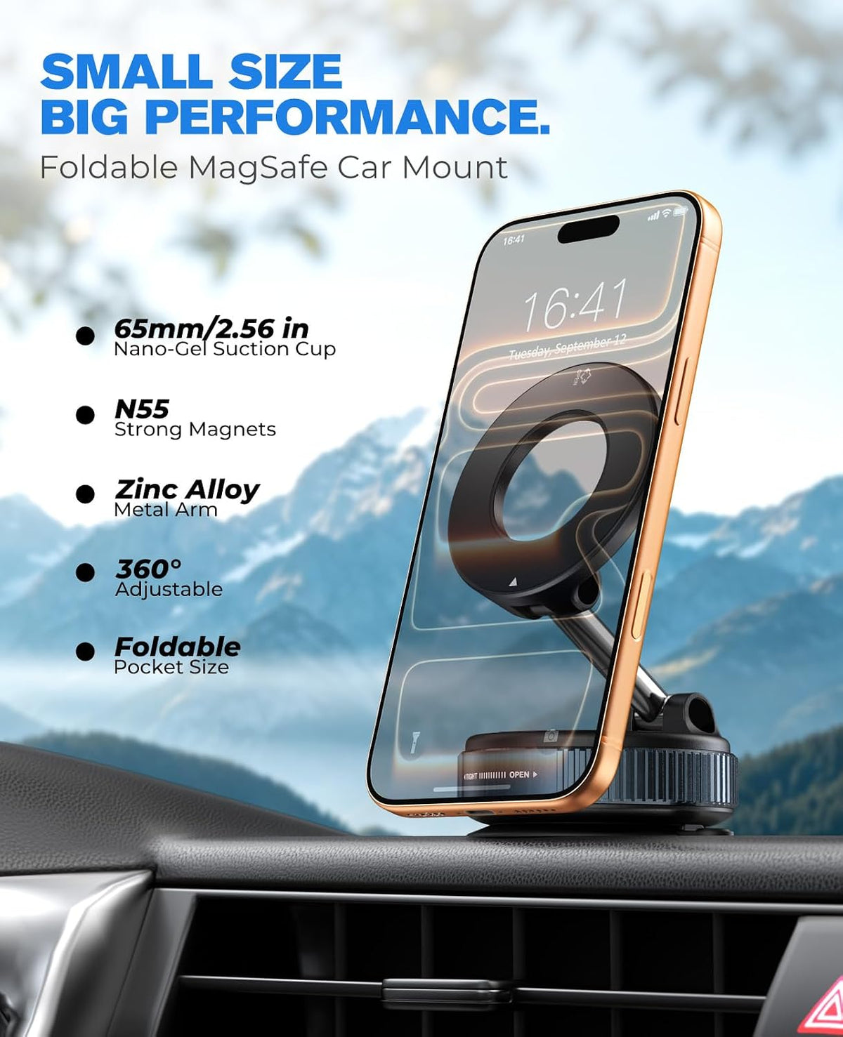 Jononser Magnetic Car Phone Holder for MagSafe, Nano-Gel Suction Cup Car Phone Mount for Car Dashboard & Windshield, Pocket-Size Foldable 360° Adjustable Car Mount for iPhone 17 16 15 14 13 12 Series