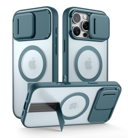 SURITCH for iPhone 15 Case, Compatible with MagSafe, Built-in Kickstand & Camera Cover & Translucent Back, Shockproof Rugged Protective Phone Cover 6.1 Inch, Black