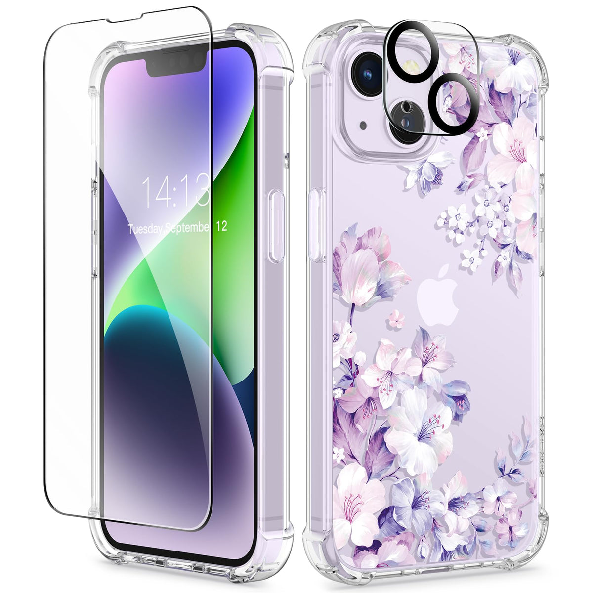 GVIEWIN for iPhone 14 Case Floral, Screen Protector & Camera Lens Protector