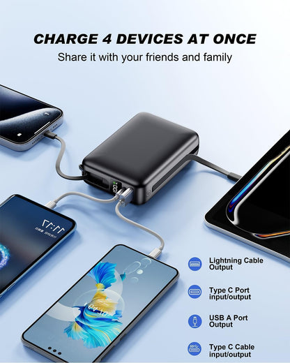 Portable Charger 50000mAh, PD22.5W Fast Charge Power Bank Built-in 2 Cables