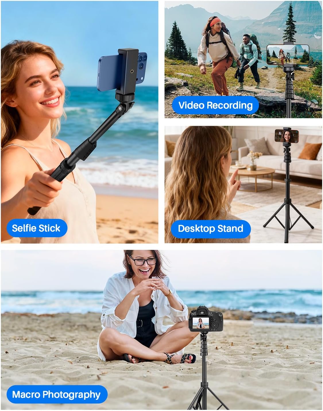Extendable Phone Tripod for iPhone, Selfie Stick with Remote & Phone Holder